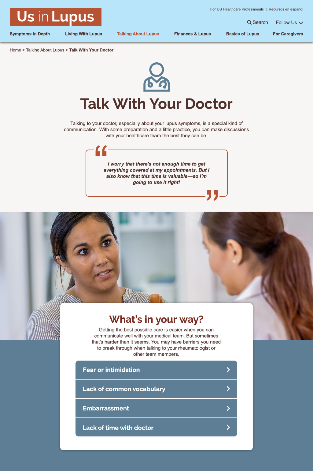 Opening excerpt of the Us in Lupus Talk With Your Doctor webpage, helping patients prepare for conversations about their care